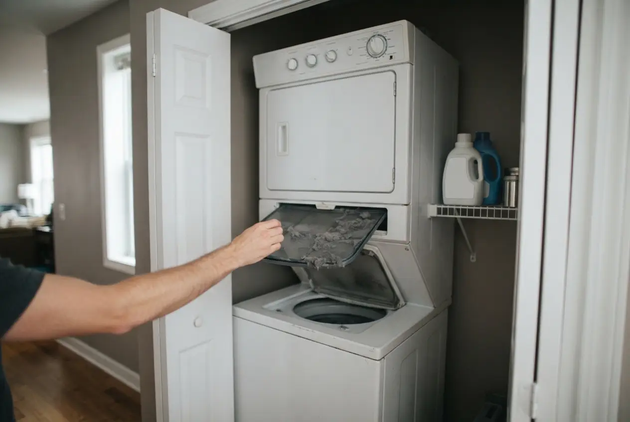Stacked laundry unit in a narrow closet with the lint screen pulled out
