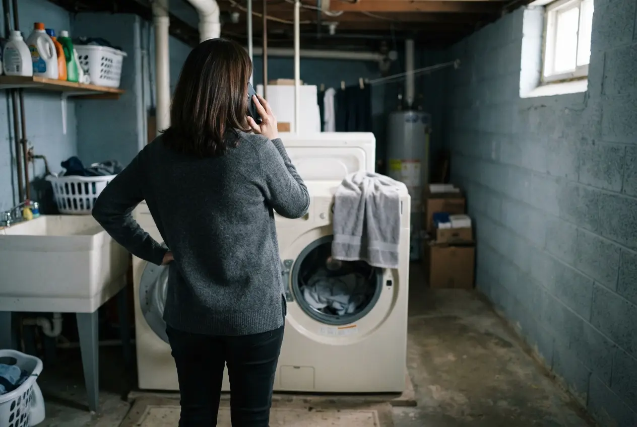 Person on the phone looking at a front-load washer in a basement laundry room