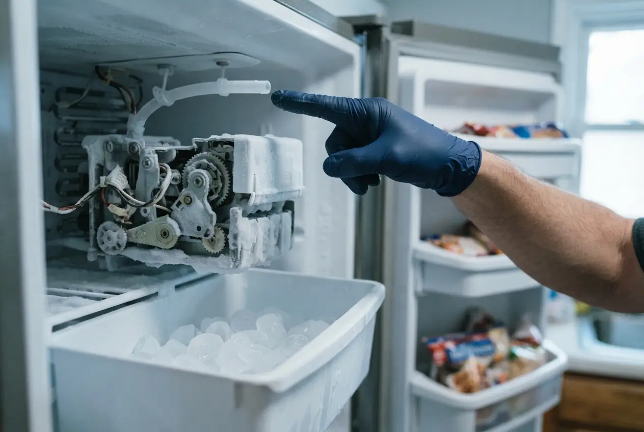 Gloved hand pointing at a frosted ice maker above a full ice bin in a freezer